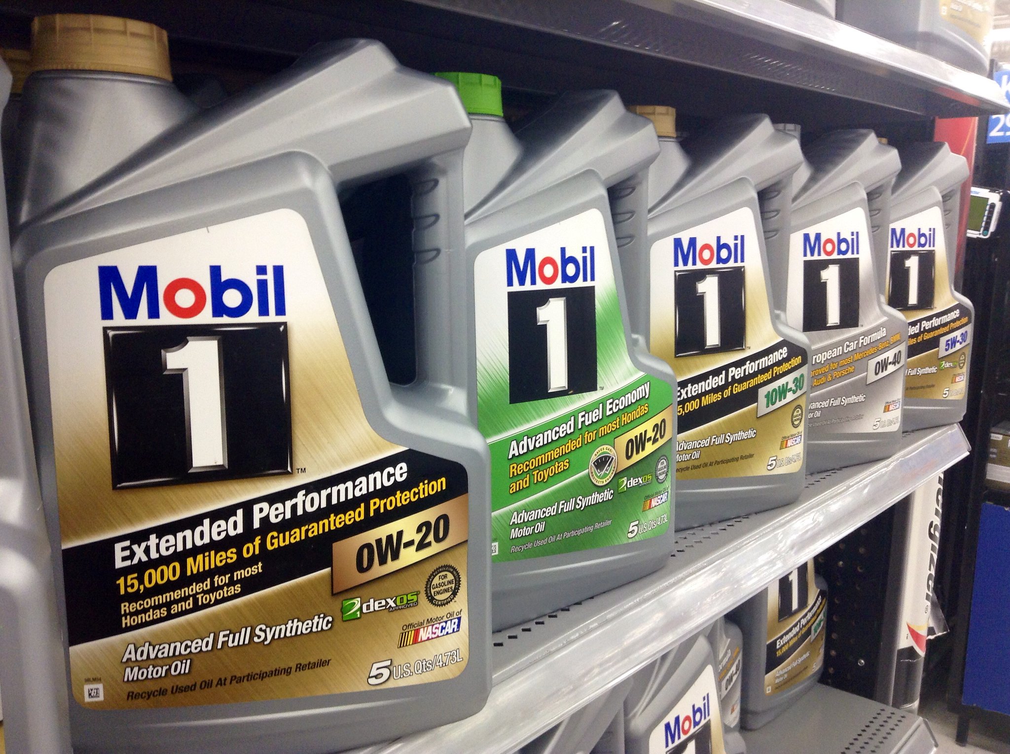 Mobil 1 engine oil bottles on the shelf